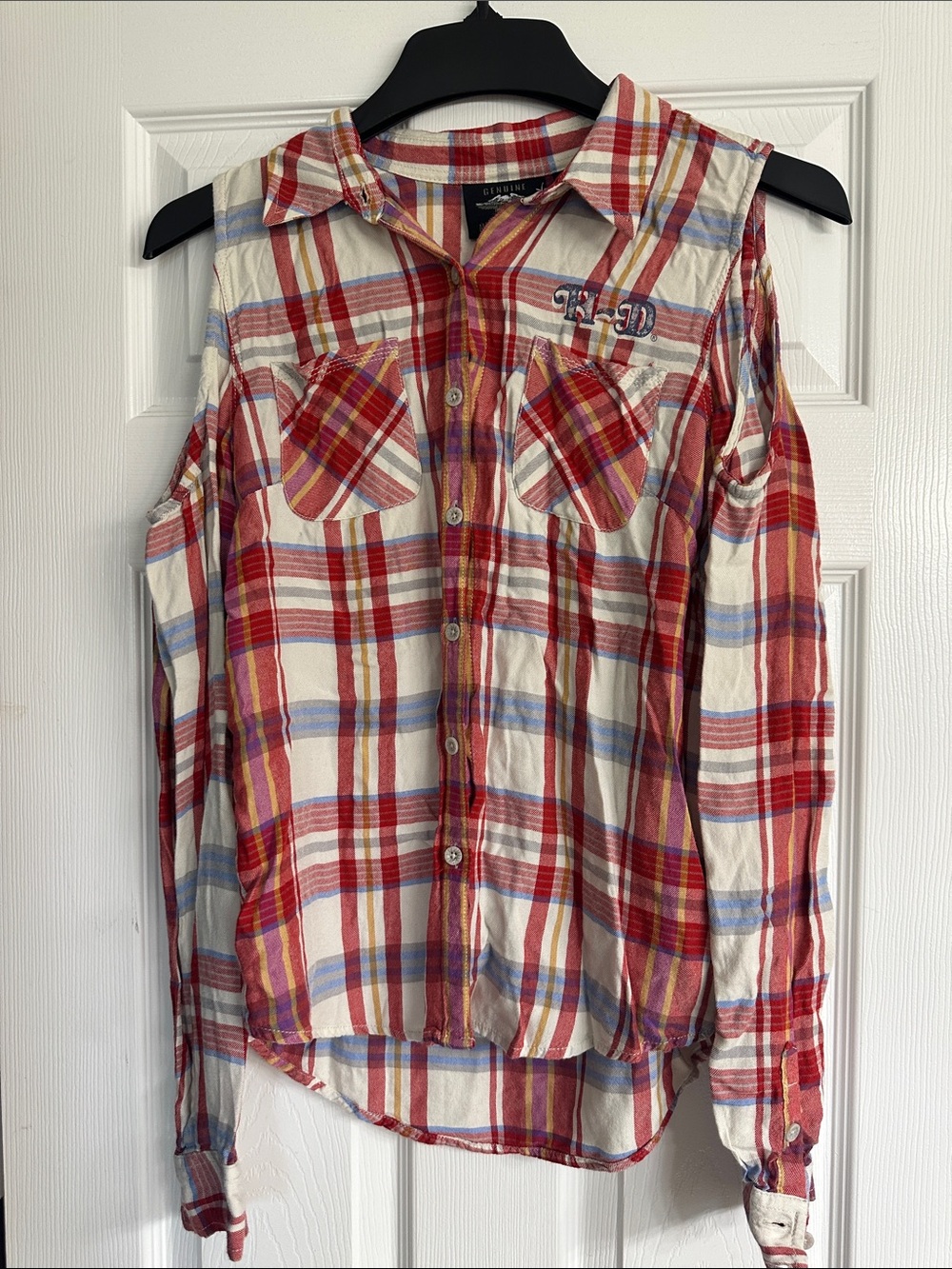 Harley-Davidson Red Cream Plaid Cold-Shoulder Button-Down Shirt